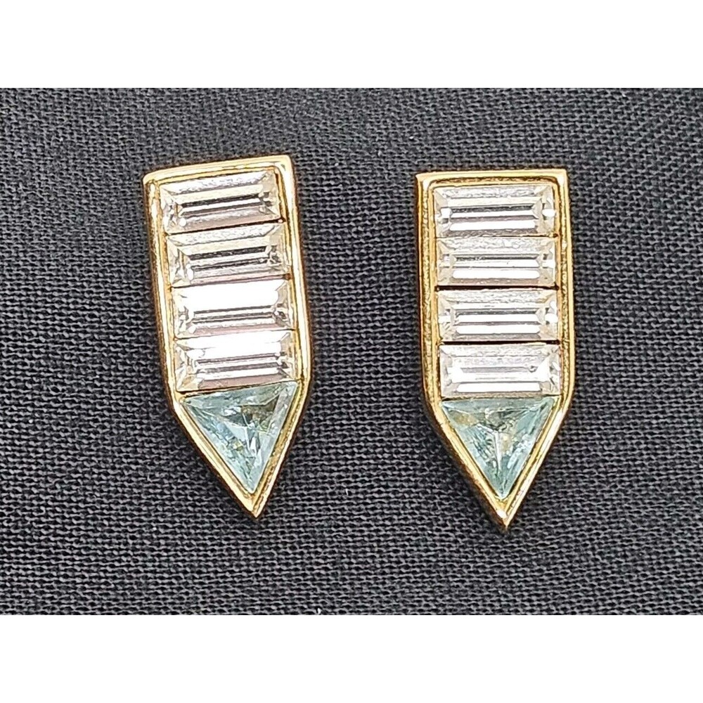 Monet Vintage Signed Peirced Earrings Gold Tone Baguette Crystal & Blue Arrow